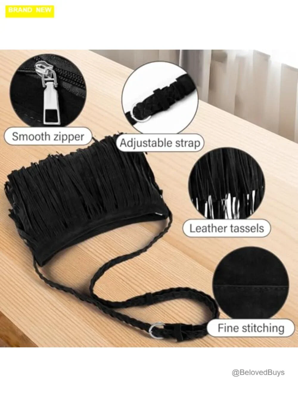 Large Tassel Fringe Crossbody Hobo Bag with Woven Strap